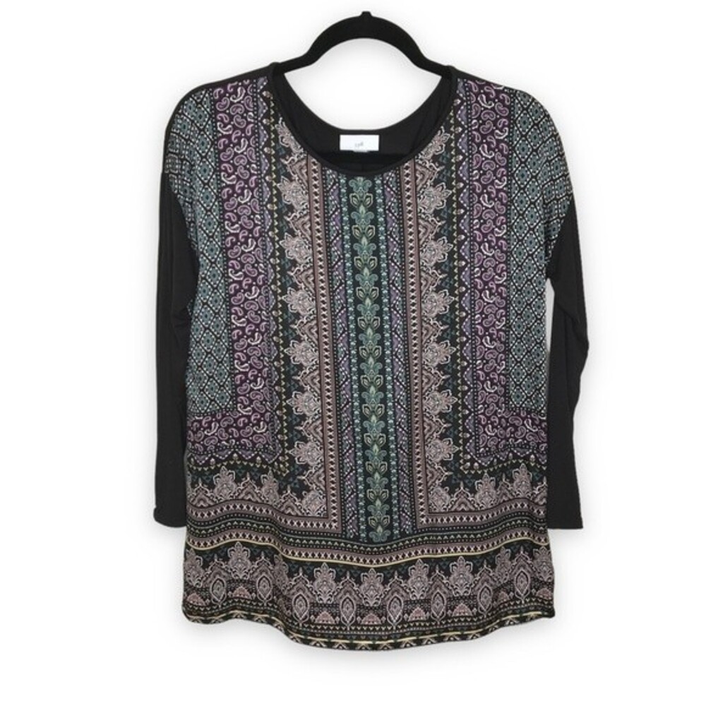 J Jill Black Regal Paisley Mixed Media Easy Tunic Womens Small Petite Purple